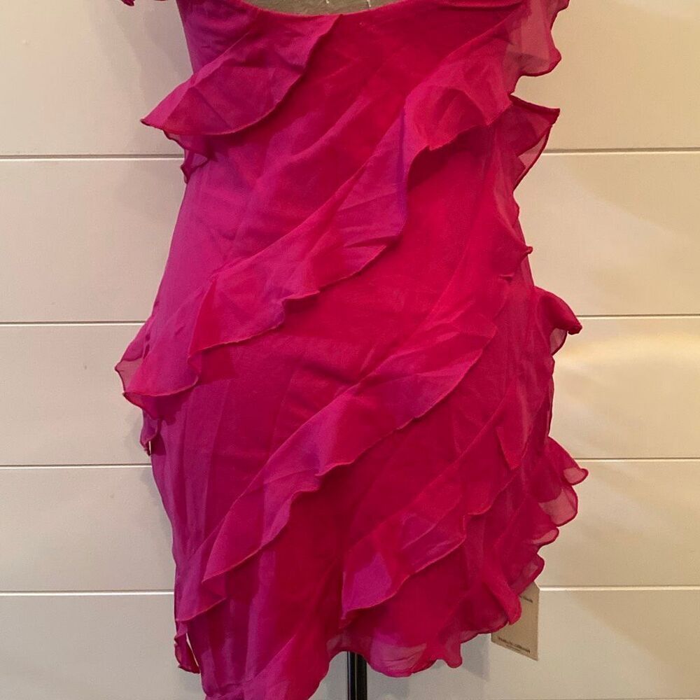 NWT Abercrombie & Fitch Vibrant Pink Asymmetric Ruffled Mini Dress Vneck adjusta - Picture 8 of 12